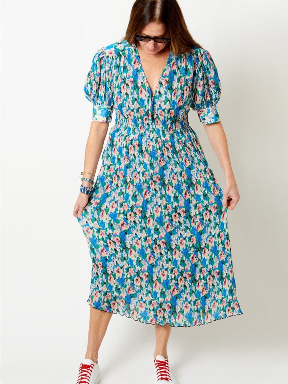 GANNI - Pleated Blue Floral V-Neck Midi Dress